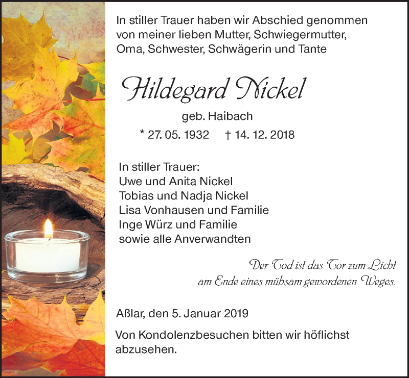  Traueranzeige für Hildegard Nickel vom 05.01.2019 aus 202 Dill Block (120)