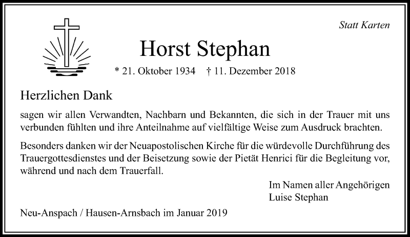  Traueranzeige für Horst Stephan vom 05.01.2019 aus 564 Usinger Anzeiger