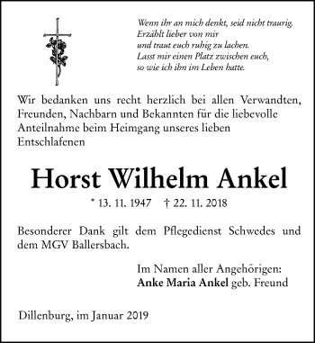 Traueranzeige von Horst Wilhelm Ankel von 202 Dill Block (120)
