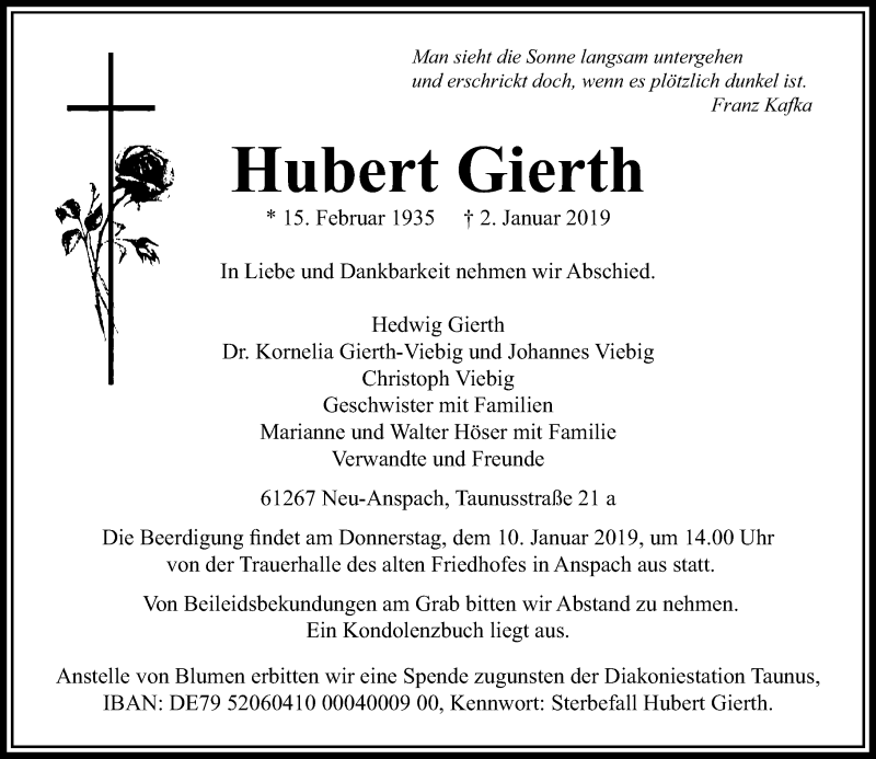  Traueranzeige für Hubert Gierth vom 05.01.2019 aus 564 Usinger Anzeiger