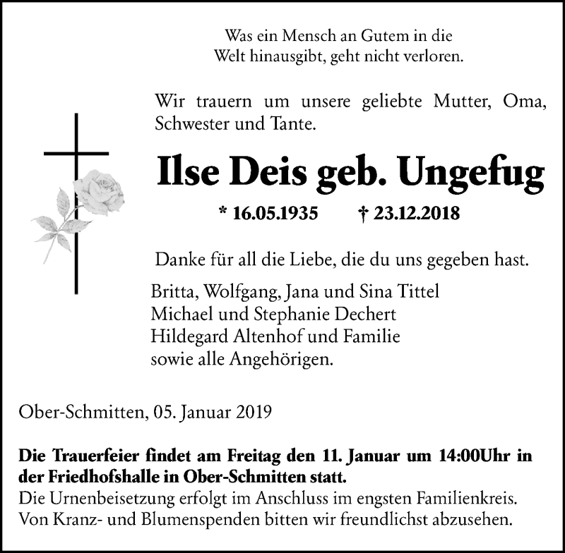  Traueranzeige für Ilse Deis vom 05.01.2019 aus 561 Kreisanzeiger