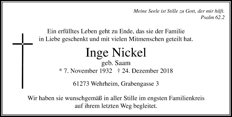  Traueranzeige für Inge Nickel vom 05.01.2019 aus 564 Usinger Anzeiger