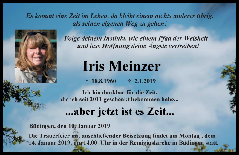  Traueranzeige für Iris Meinzer vom 12.01.2019 aus 561 Kreisanzeiger