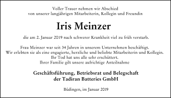 Traueranzeige von Iris Meinzer von 561 Kreisanzeiger