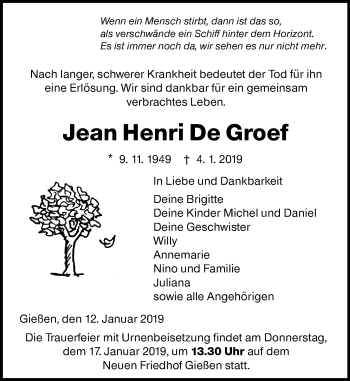 Traueranzeige von Jean Henri De Groef von 560 Gießener Anzeiger