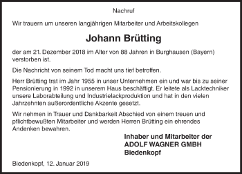 Traueranzeige von Johann Brütting von 205 HA - Hinterländer Anzeiger (130)