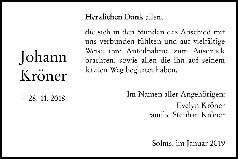  Traueranzeige für Johann Kröner vom 05.01.2019 aus 201 WNZ - Wetzlarer Neue Zeitung (110)