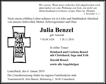 Traueranzeige von Julia Benzel von VRM Trauer