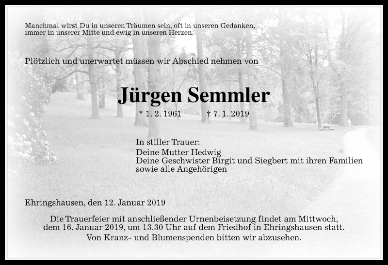  Traueranzeige für Jürgen Semmler vom 12.01.2019 aus VRM Trauer