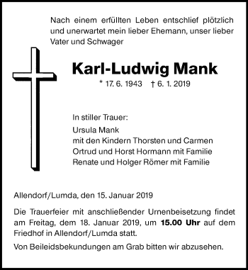 Traueranzeige von Karl-Ludwig Mank von 560 Gießener Anzeiger