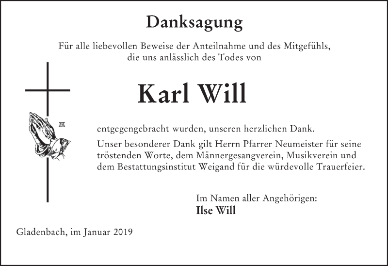 Traueranzeige für Karl Will vom 10.01.2019 aus 205 HA - Hinterländer Anzeiger (130)