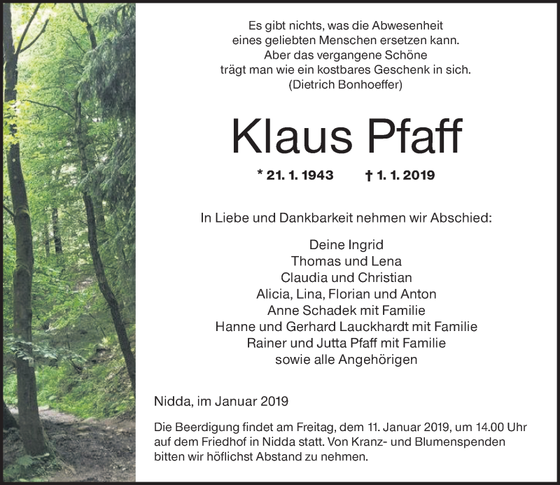  Traueranzeige für Klaus Pfaff vom 08.01.2019 aus 561 Kreisanzeiger