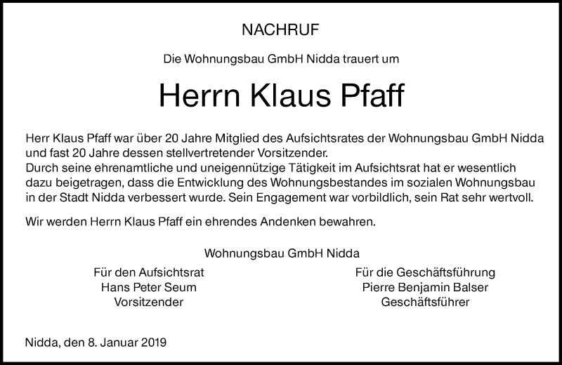  Traueranzeige für Klaus Pfaff vom 08.01.2019 aus 561 Kreisanzeiger