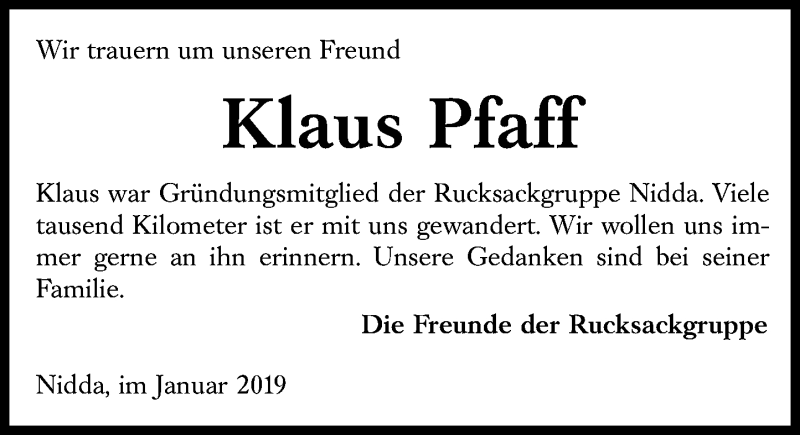  Traueranzeige für Klaus Pfaff vom 11.01.2019 aus 561 Kreisanzeiger