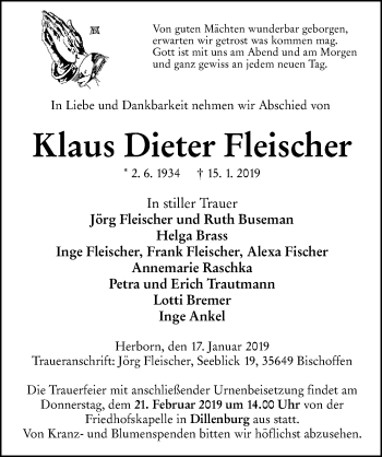 Traueranzeige von Klaus Dieter Fleischer von 202 Dill Block (120)
