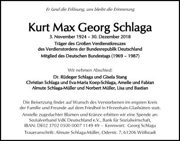 Traueranzeige von Kurt Max Georg Schlaga von 561 Kreisanzeiger
