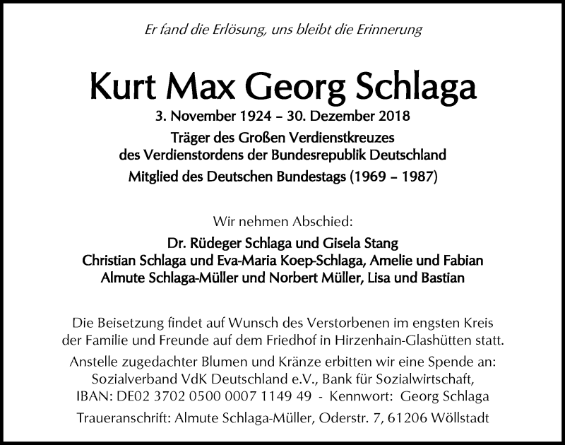  Traueranzeige für Kurt Max Georg Schlaga vom 12.01.2019 aus 561 Kreisanzeiger