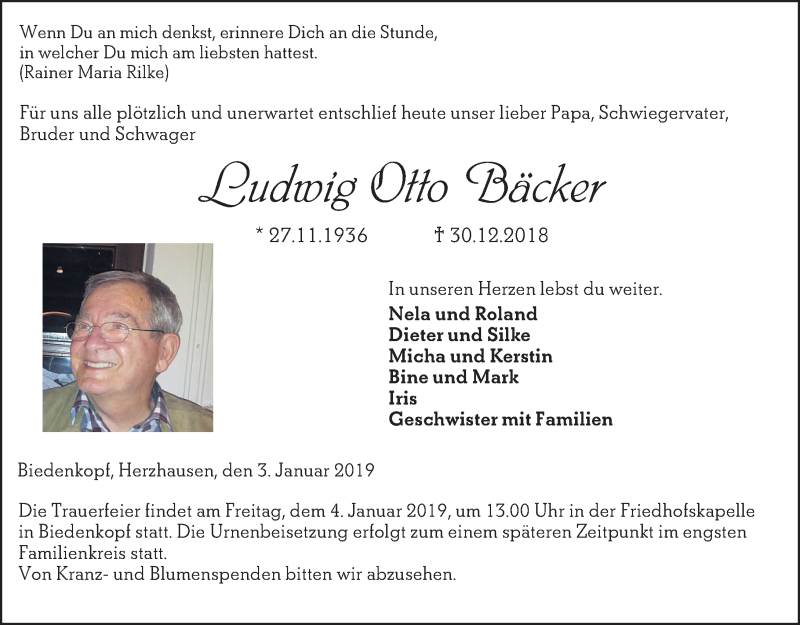  Traueranzeige für Ludwig Otto Bäcker vom 03.01.2019 aus 205 HA - Hinterländer Anzeiger (130)
