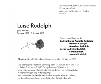 Traueranzeige von Luise Rudolph von 205 HA - Hinterländer Anzeiger (130)