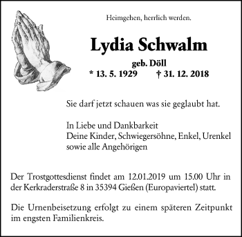 Traueranzeige von Lydia Schwalm von 560 Gießener Anzeiger