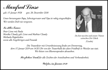 Traueranzeige von Manfred Linse von 201 WNZ - Wetzlarer Neue Zeitung (110)