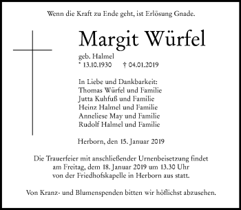 Traueranzeige von Margit Würfel von 202 Dill Block (120)
