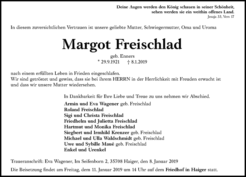  Traueranzeige für Margot Freischlad vom 09.01.2019 aus 202 Dill Block (120)