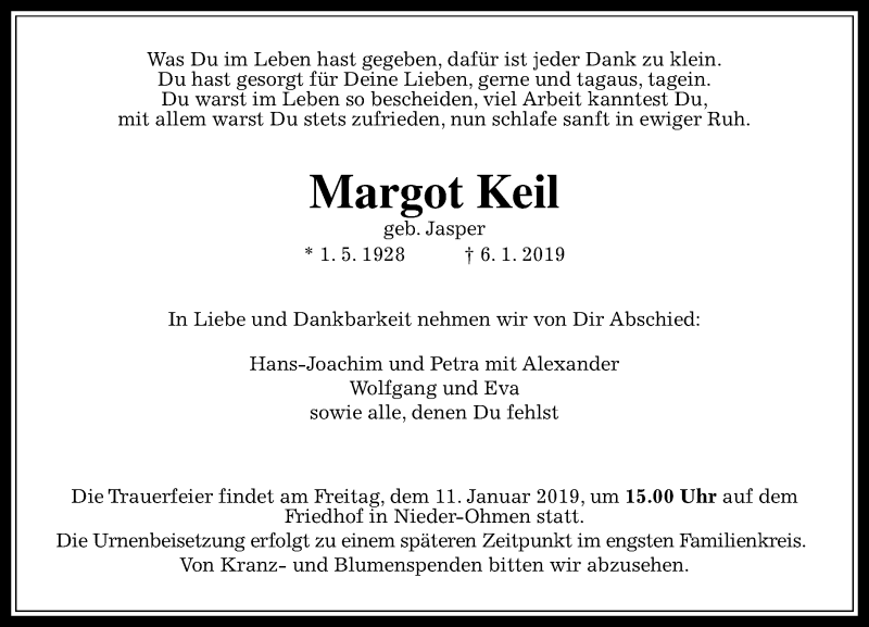  Traueranzeige für Margot Keil vom 09.01.2019 aus 560 Gießener Anzeiger