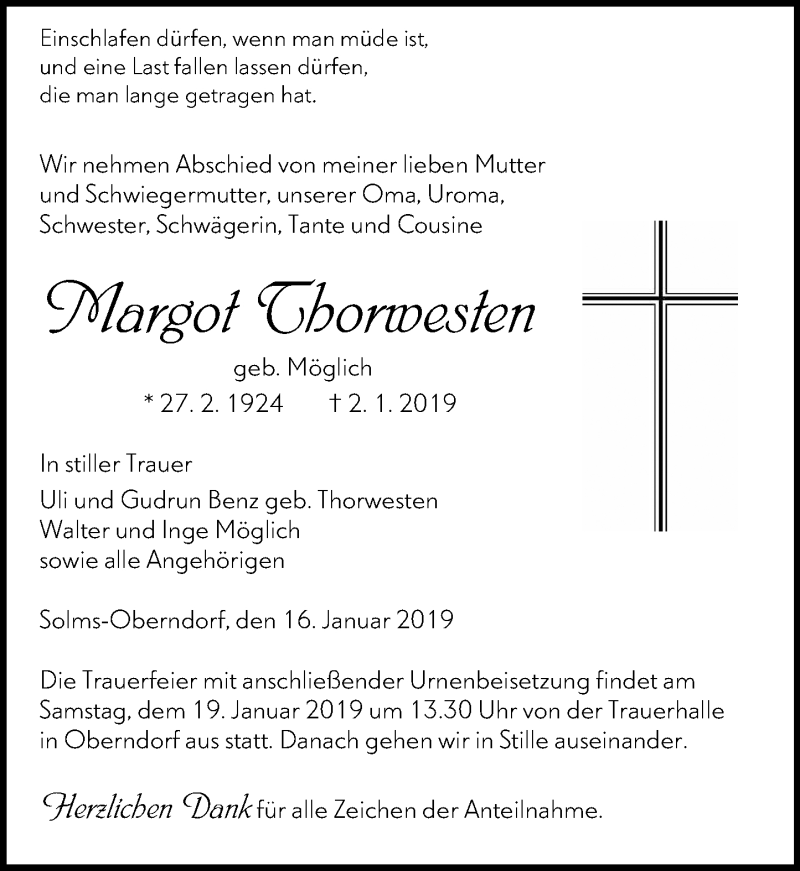  Traueranzeige für Margot Thorwesten vom 16.01.2019 aus 201 WNZ - Wetzlarer Neue Zeitung (110)