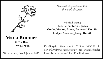 Traueranzeige von Maria Brunner von 582 Camberger Anzeiger