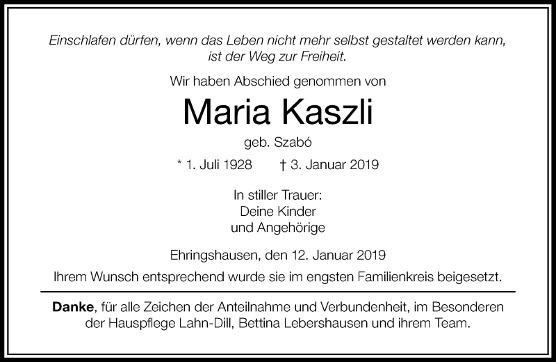  Traueranzeige für Maria Kaszli vom 12.01.2019 aus 201 WNZ - Wetzlarer Neue Zeitung (110)