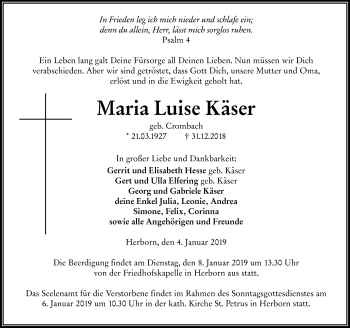 Traueranzeige von Maria Luise Käser von 202 Dill Block (120)