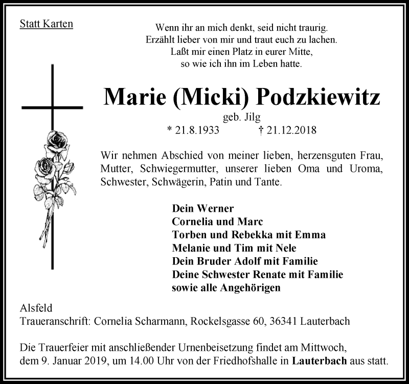  Traueranzeige für Marie Podzkiewitz vom 05.01.2019 aus VRM Trauer