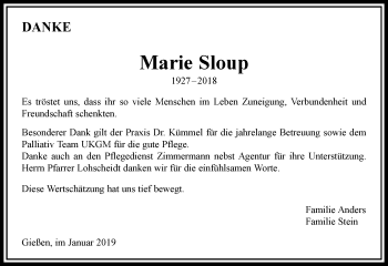 Traueranzeige von Marie Sloup von 560 Gießener Anzeiger