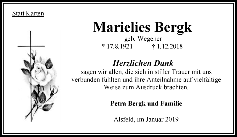  Traueranzeige für Marielies Bergk vom 05.01.2019 aus VRM Trauer