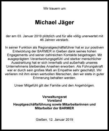Traueranzeige von Michael Jäger von 560 Gießener Anzeiger
