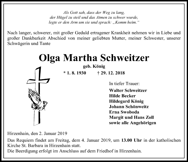  Traueranzeige für Olga Martha Schweitzer vom 02.01.2019 aus 561 Kreisanzeiger