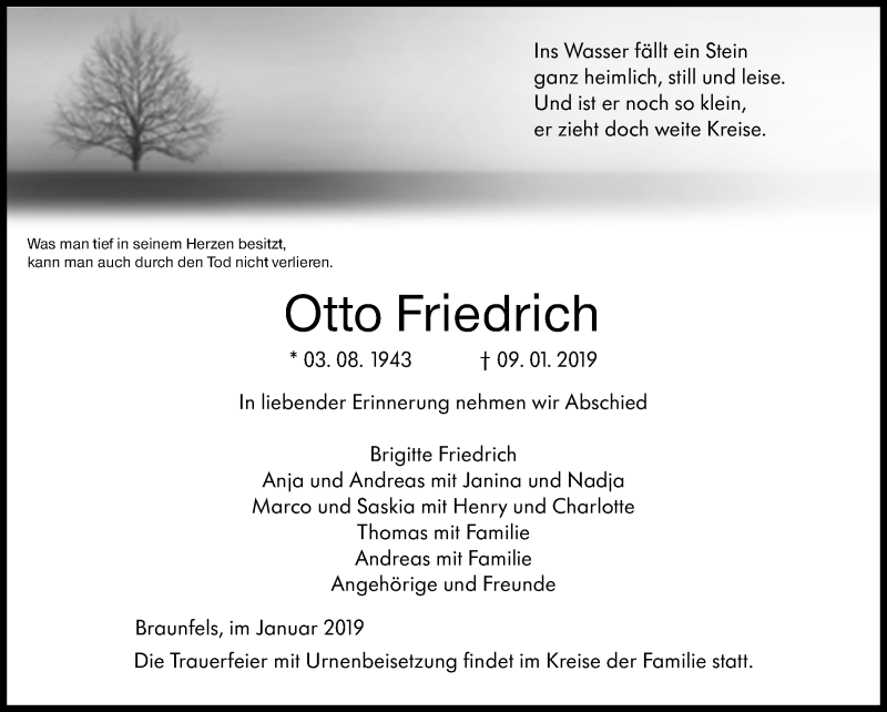  Traueranzeige für Otto Friedrich vom 14.01.2019 aus 201 WNZ - Wetzlarer Neue Zeitung (110)