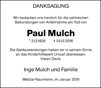 Traueranzeige von Paul Mulch von 201 WNZ - Wetzlarer Neue Zeitung (110)