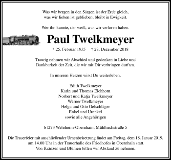 Traueranzeige von Paul Twelkmeyer von 564 Usinger Anzeiger