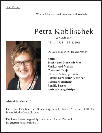 Traueranzeige von Petra Koblischek von VRM Trauer