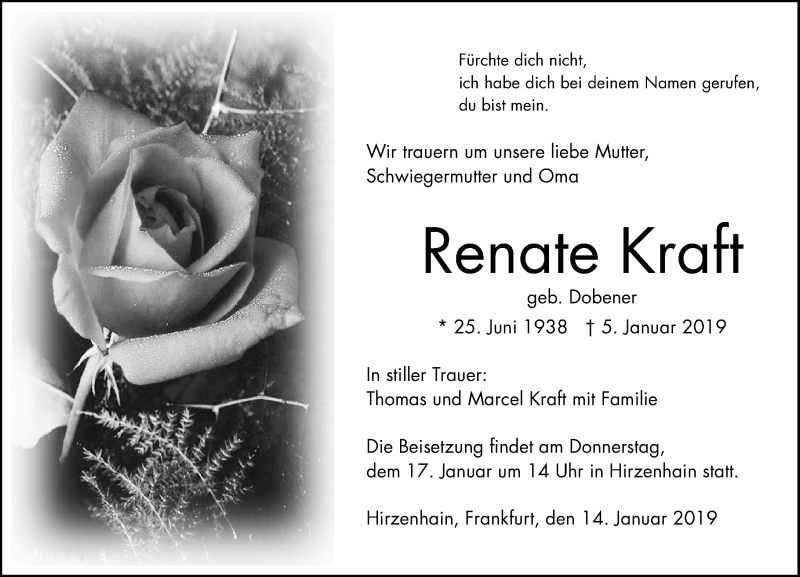 Traueranzeige für Renate Kraft vom 14.01.2019 aus 202 Dill Block (120)