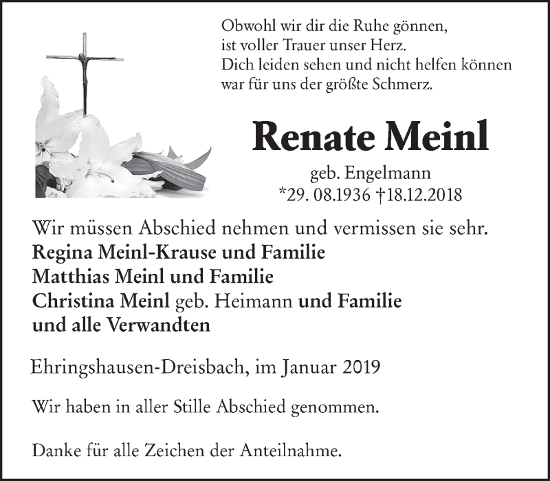  Traueranzeige für Renate Meinl vom 05.01.2019 aus 201 WNZ - Wetzlarer Neue Zeitung (110)