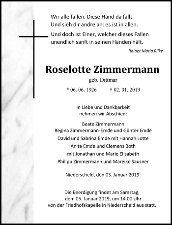 Traueranzeige von Roselotte Zimmermann von 202 Dill Block (120)