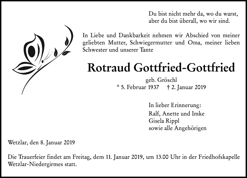  Traueranzeige für Rotraud Gottfried-Gottfried vom 08.01.2019 aus 201 WNZ - Wetzlarer Neue Zeitung (110)