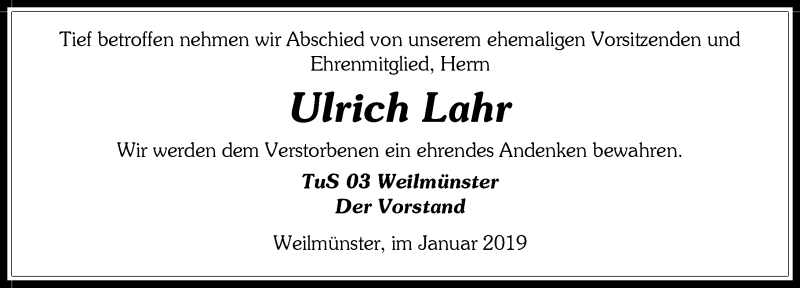  Traueranzeige für Ulrich Lahr vom 12.01.2019 aus 206 WT - Weilburger Tageblatt (140)