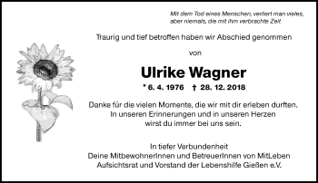 Traueranzeige von Ulrike Wagner von 560 Gießener Anzeiger