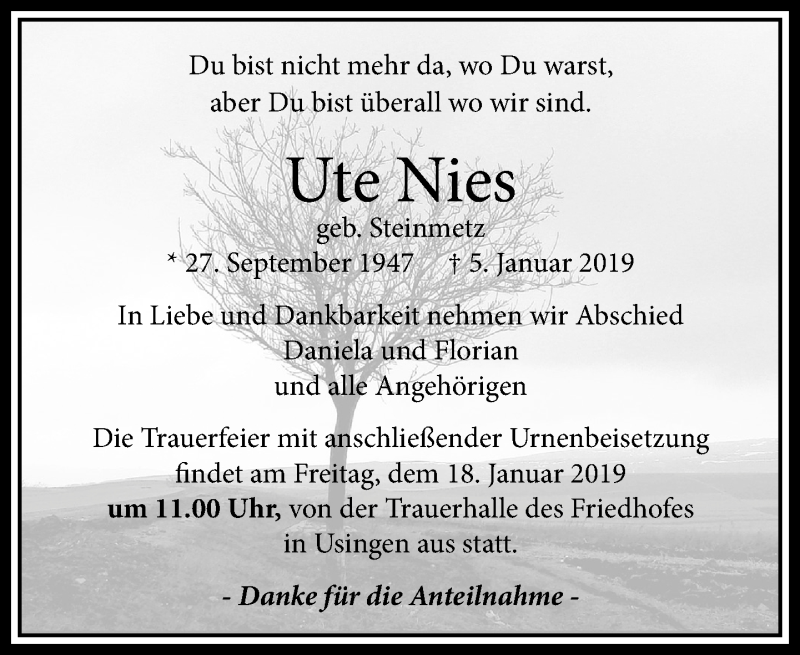  Traueranzeige für Ute Nies vom 15.01.2019 aus 564 Usinger Anzeiger
