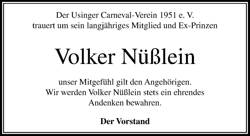  Traueranzeige für Volker Nüßlein vom 03.01.2019 aus 564 Usinger Anzeiger