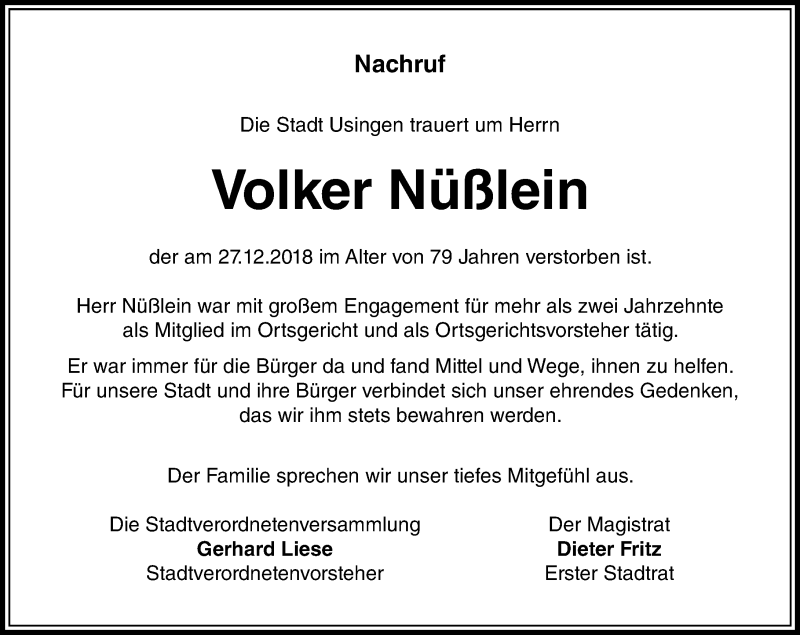  Traueranzeige für Volker Nüßlein vom 04.01.2019 aus 564 Usinger Anzeiger